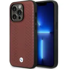 BMW - BMW Mobilskal till iPhone 14 Pro L&auml;der Diamond Pattern - Burgundy