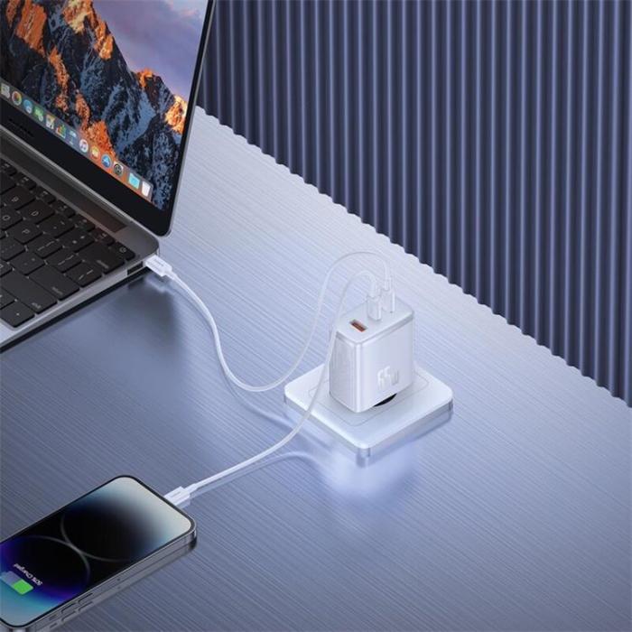 BASEUS - Baseus GaN Väggladdare 2x USB-C Till USB-A 65W Cube Pro - Vit