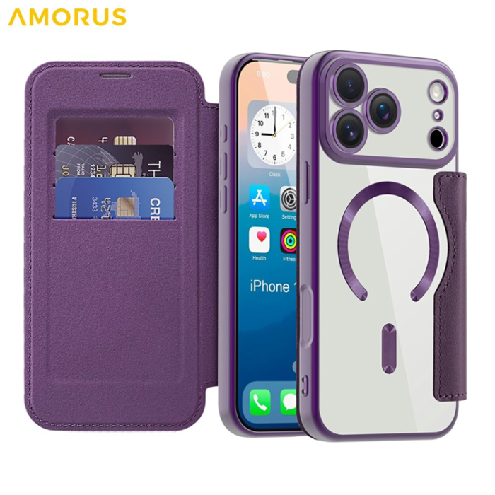 Amorus - AMORUS iPhone 17 Pro Plånboksfodral MagSafe RFID - Mörklila