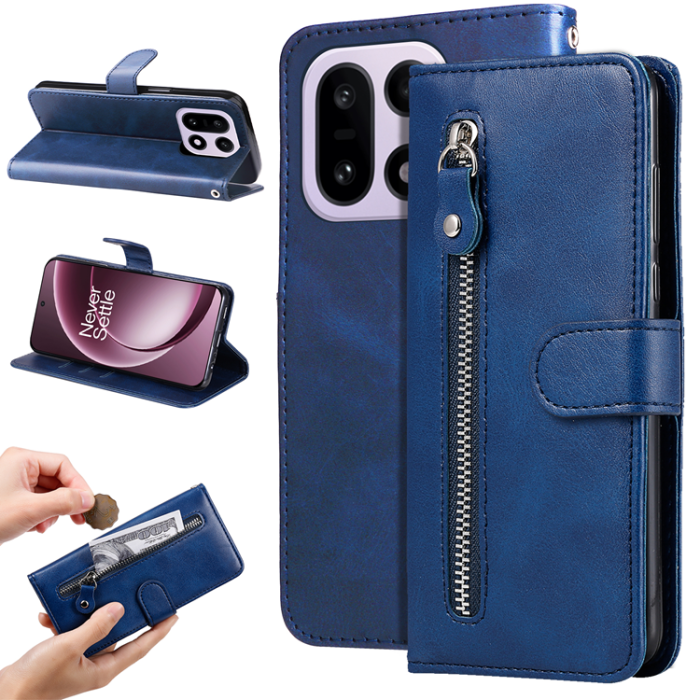 A-One Brand - OnePlus 15 5G Plånboksfodral Zipper Pocket PU Läder - Blå