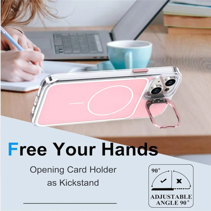 A-One Brand - iPhone 15 Mobilskal MagSafe Lens Kickstand med Handrem - Rosa
