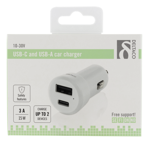 DELTACO Billaddare med USB C och USB A Vit TheMobileStore DELTACO Billaddare med USB C och USB A Vit TheMobileStore