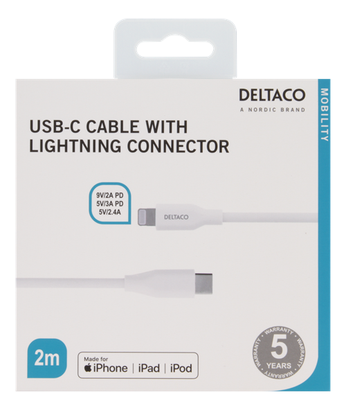 Deltaco
DELTACO USB-C till Lightning kabel, 2m, USB 2.0, vit
