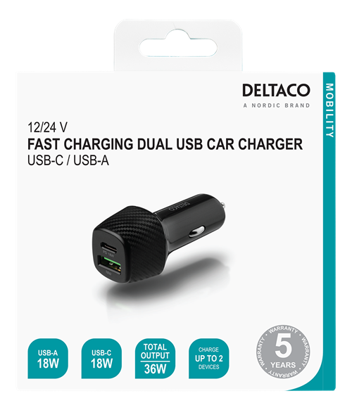 Deltaco - DELTACO USB-billaddare med dubbla USB-portar och snabbladdning