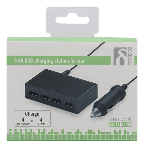 Deltaco
DELTACO USB-laddningsstation för bilen, 4xUSB Typ A, 9,6A, 12V DC input, svart
