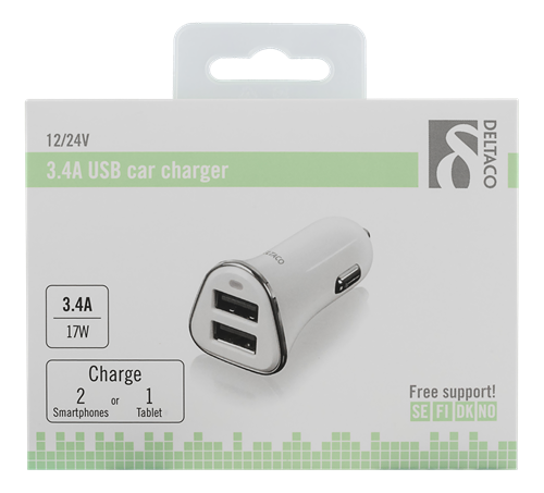 Deltaco
DELTACO billaddare, 3,4A, 2xUSB, vit