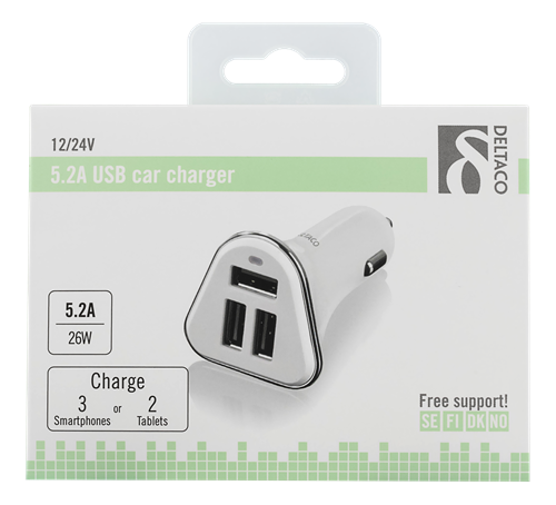 Deltaco - DELTACO billaddare, 5,2A, 3xUSB, vit