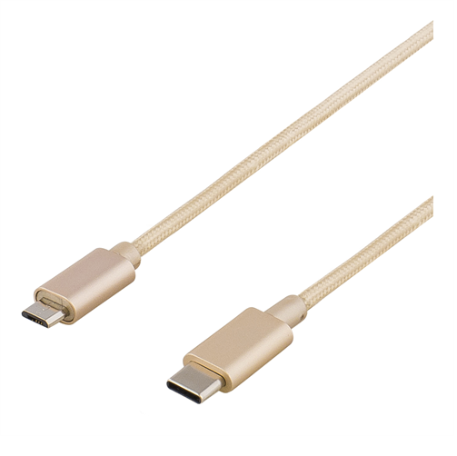 Deltaco - DELTACO PRIME USB 2.0 kabel, tygklädd, USB-C till microUSB 1m - Guld