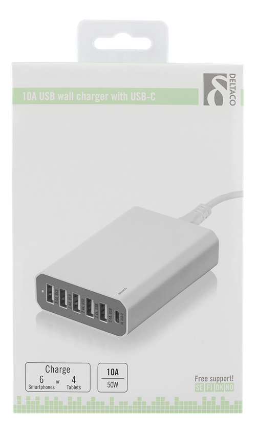 UTGATT1 - DELTACO USB-laddningsstation, 10A, 1xUSB-C ho, 5xUSB, 1,2m, vit