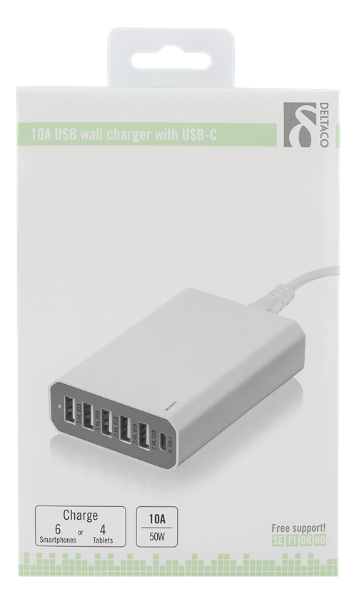 Deltaco - DELTACO USB-laddningsstation, 10A, 1xUSB-C ho, 5xUSB, 1,2m, vit