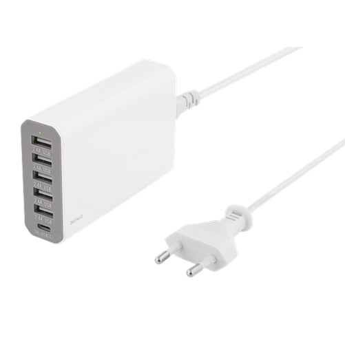Deltaco - DELTACO USB-laddningsstation, 10A, 1xUSB-C ho, 5xUSB, 1,2m, vit