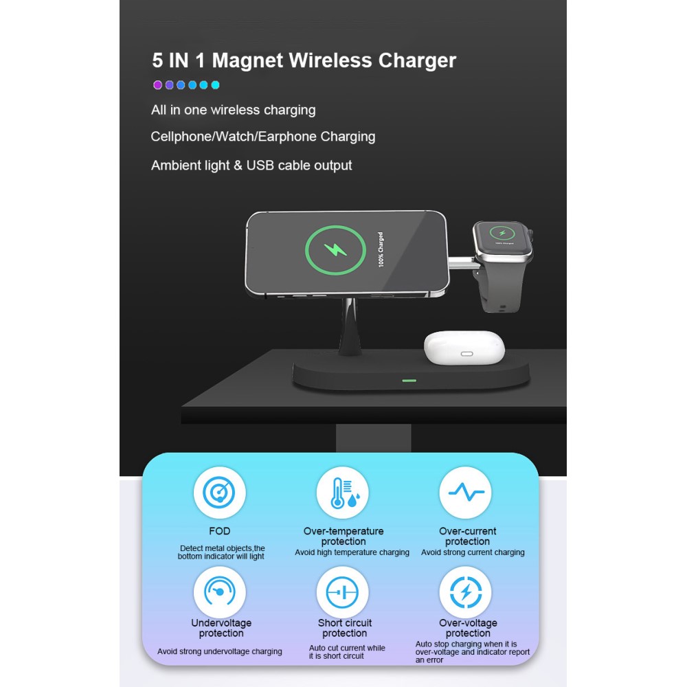 A-One Brand - 3in1 Magsafe Trådlös laddare iPhone / Apple Watch / AirPods Svart 15W