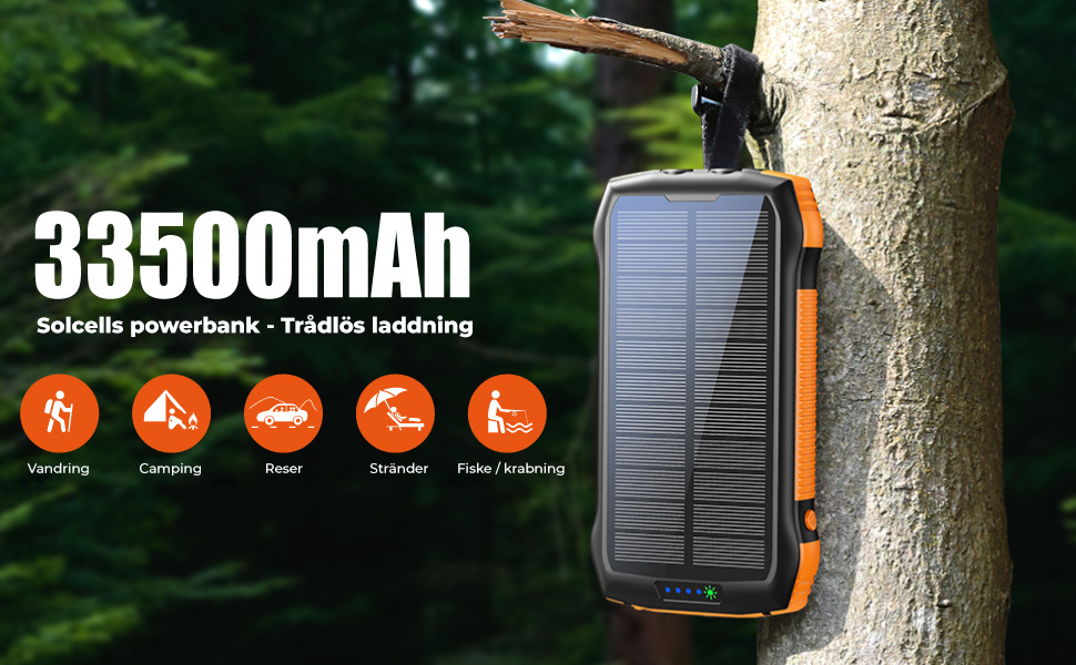 Solcells powerbank | Trådlös laddning | PD/QC 3.0 | 33500maH