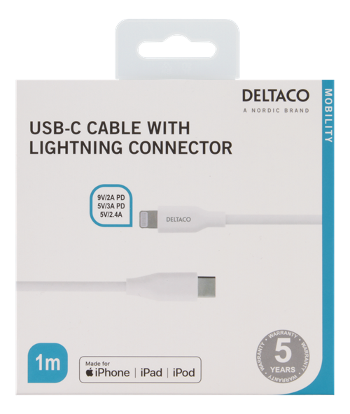 Deltaco
DELTACO USB-C till Lightning kabel MFI, 1m Vit