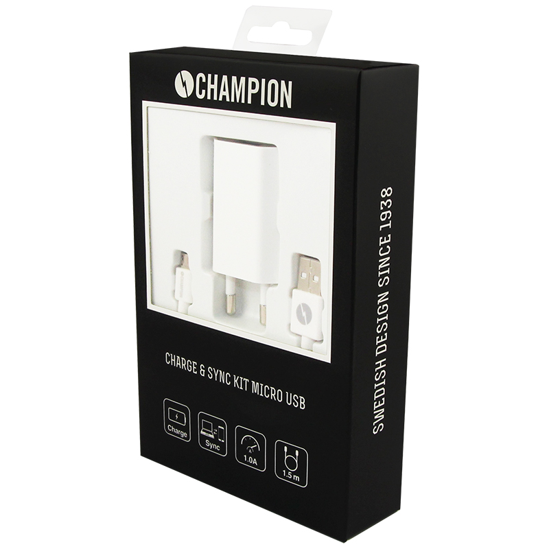 UTGÅTT
Champion Ladd & Synk Kit 1,5m MicroUSB 1A Vit