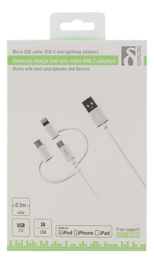 UTGÅTT
DELTACO USB-C/Micro USB/Lightning-synk-/laddarkabel,0,5m