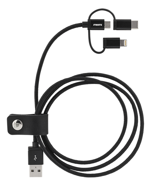 UTGÅTT
STREETZ 3-i-1 tygklädd USB-synk/laddarkabel, 1m - Svart