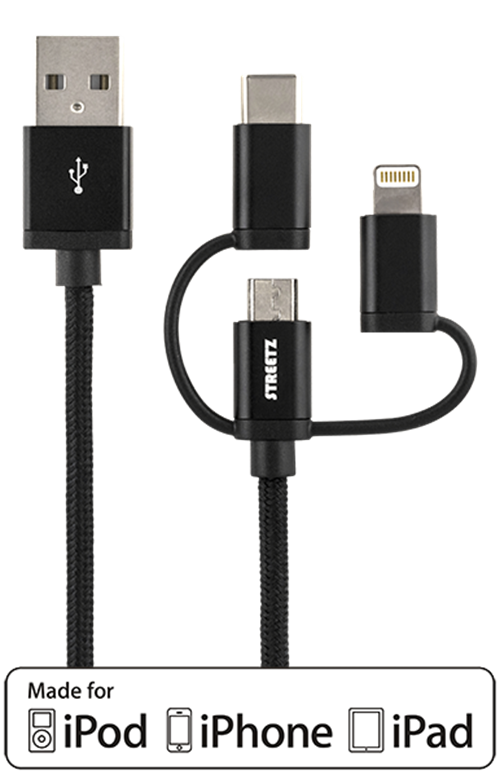 UTGÅTT
STREETZ 3-i-1 tygklädd USB-synk/laddarkabel, 1m - Svart