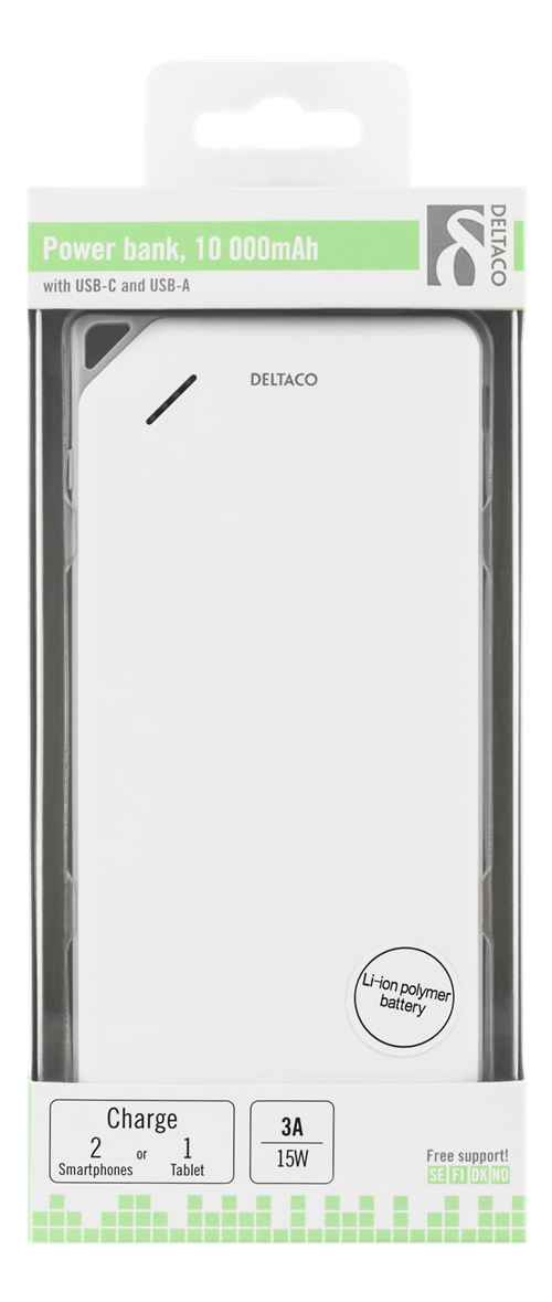 UTGÅTT
DELTACO Power bank, 10000mAh, 1xUSB-C, 1xUSB A, 3A, vit