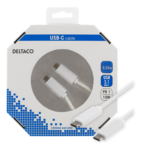 UTGÅTT
Deltaco USB-kabel USB-C till USB-C 2A, 0,25 m - Vit