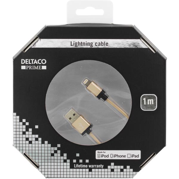 UTGÅTT
DELTACO Prime USB-synk-/laddarkabel, MFi, Lightning, 1m, guld