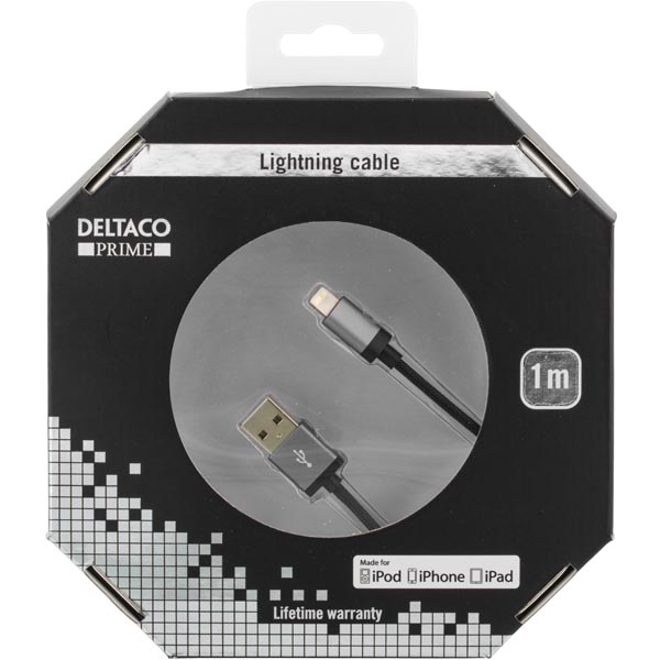 UTGÅTT
DELTACO Prime USB-synk-/laddarkabel, MFi, Lightning, 1m, svart