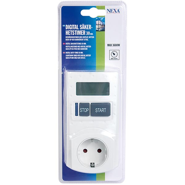 Nexa - Nexa digital säkerhetstimer, max 30min, batteribackup, petskydd, vit