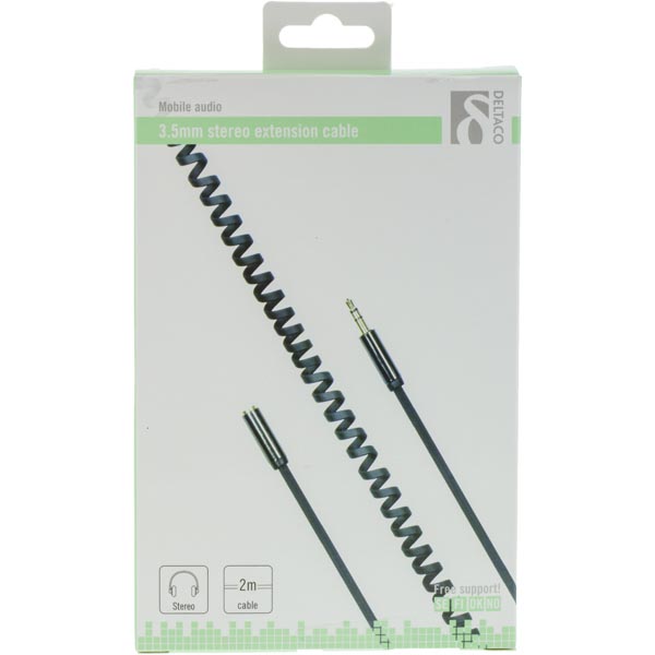 Deltaco - DELTACO ljudkabel, 3,5mm hane till 3,5mm hona, spiralkabel, 2m, svart