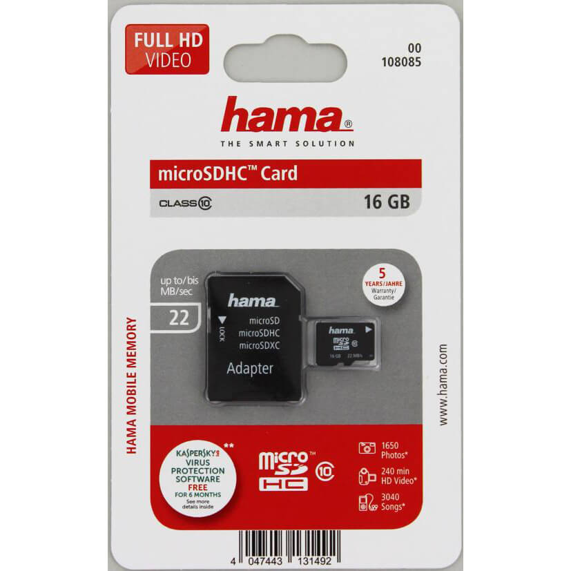 UTGÅTT
HAMA Minneskort MicroSDHC 16GB Class 10 22MB/s Adapter