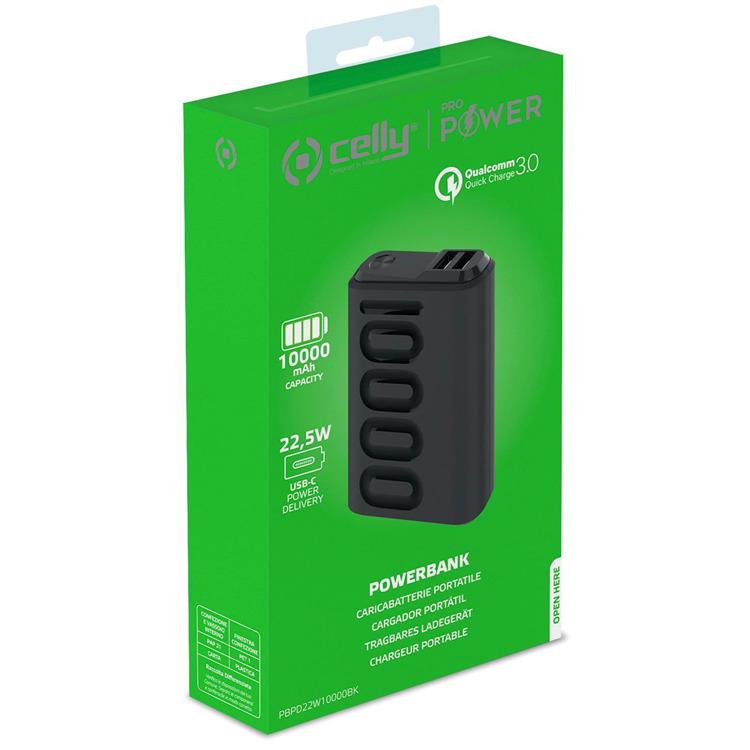 UTGÅTT - Celly PowerBank PD 22,5W 10000 mAh - Svart
