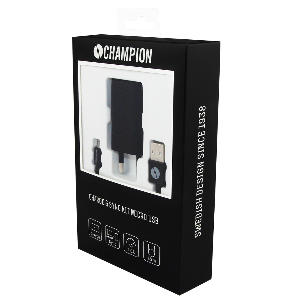 Champion
Champion Ladd & Synk Kit 1,5m MicroUSB 1A Svart