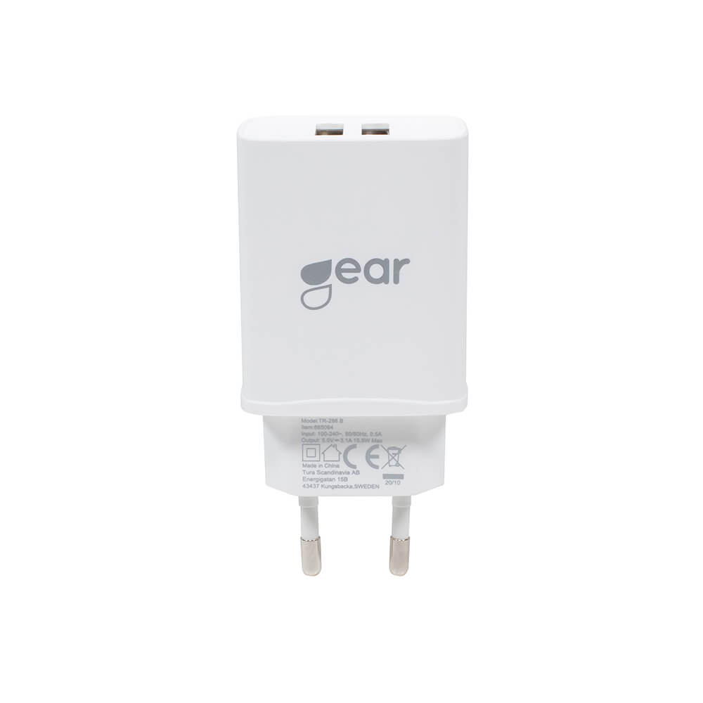 GEAR - GEAR - Laddare 220V 2xUSB 3.1A Vit MicroUSB Kabel 1m