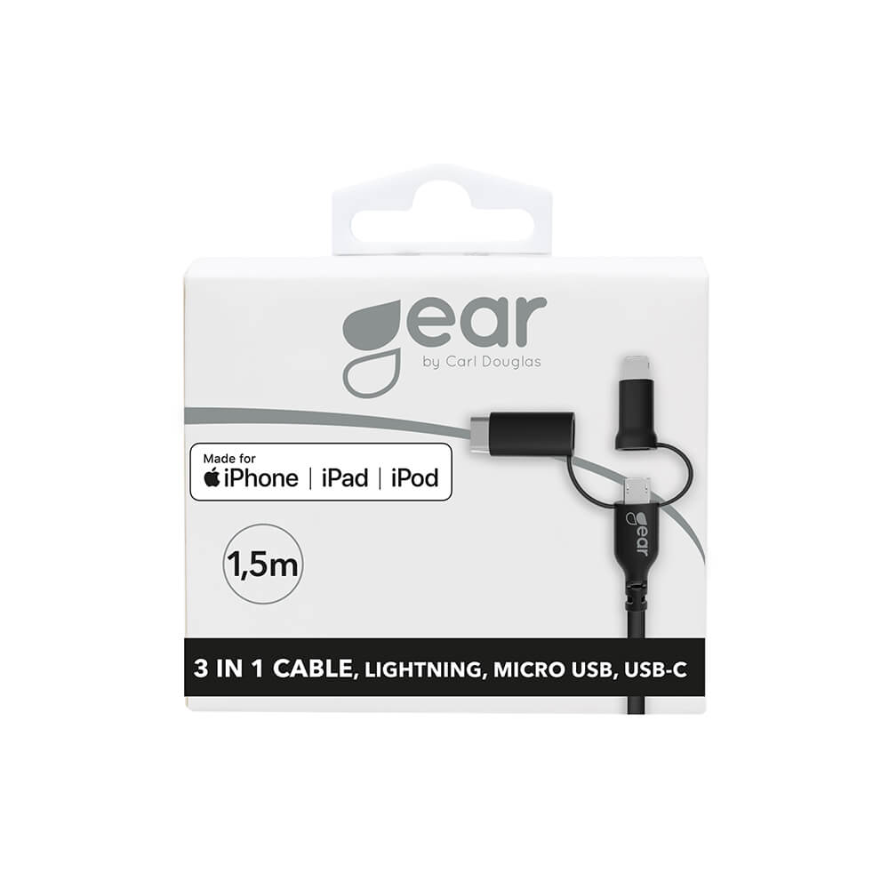 GEAR
GEAR Laddkabel 3in1 Lightning USB-C Micro-USB 1.5m Svart MFI C89