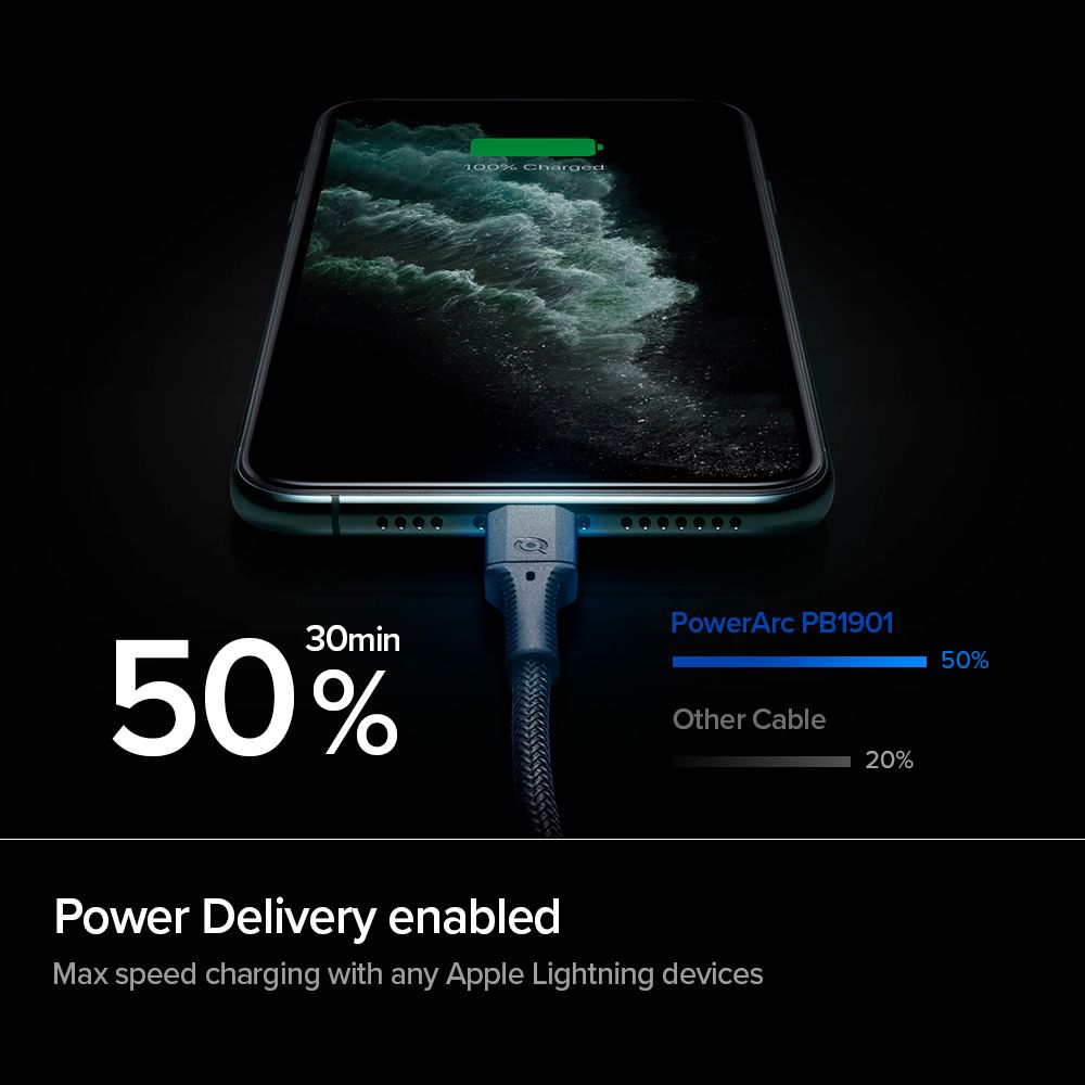 Spigen
SPIGEN Pb1901 Powerarc Lightning Mfi kabel Pd100W/2A 100cm Svart