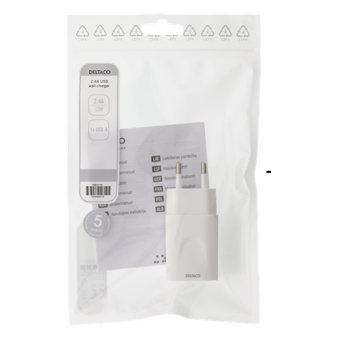 Deltaco - Deltaco - USB Väggladdare 12 W - Vit