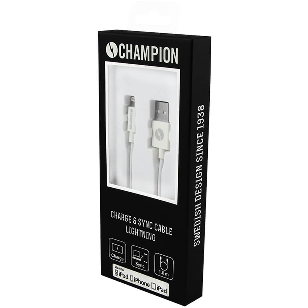 Alternativ bild 1 för Champion Ladd&Synk kabel Lightning 1m Vit