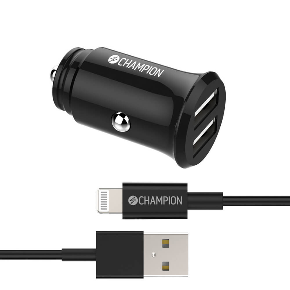 Produktfoto för Champion billaddare Kit med USB-A till Lightning kabel Svart