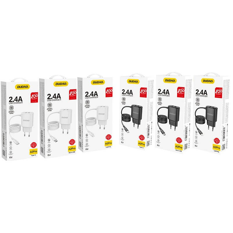 Dudao - Dudao 2x USB Väggladdare med built-in lightning 12 W Kabel Svart