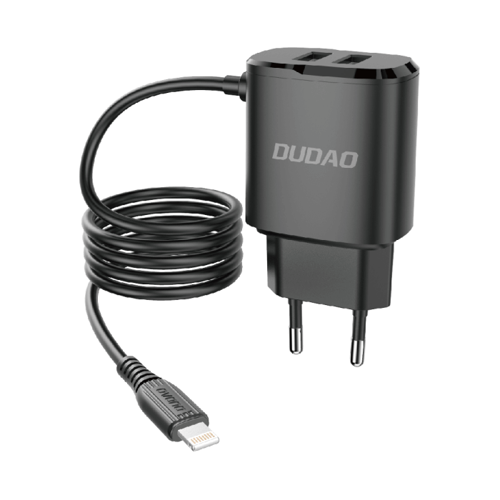 Dudao - Dudao 2x USB Väggladdare med built-in lightning 12 W Kabel Svart