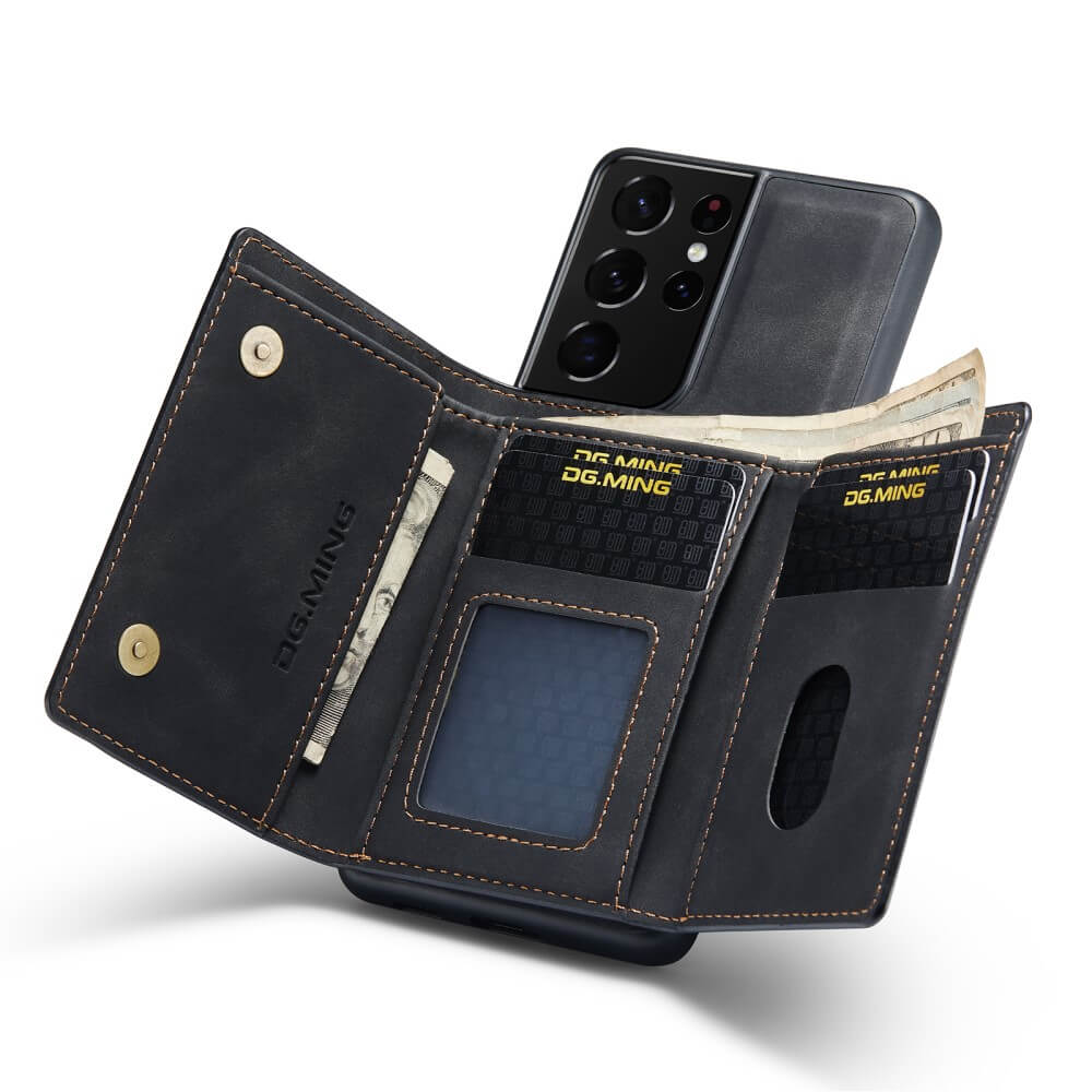 DG.MING - Samsung Galaxy S21 Ultra Skal DG.MING M1 Magnetic Tri-fold Wallet Med Kickstand