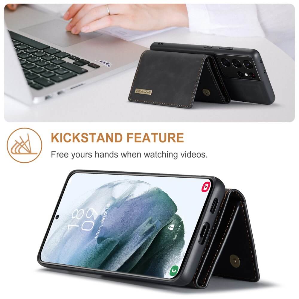 DG.MING - Samsung Galaxy S21 Ultra Skal DG.MING M1 Magnetic Tri-fold Wallet Med Kickstand