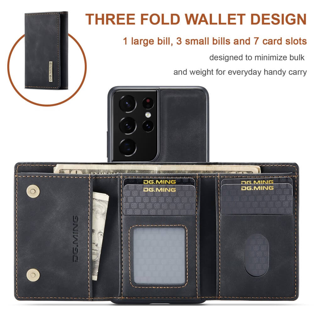 DG.MING - Samsung Galaxy S21 Ultra Skal DG.MING M1 Magnetic Tri-fold Wallet Med Kickstand