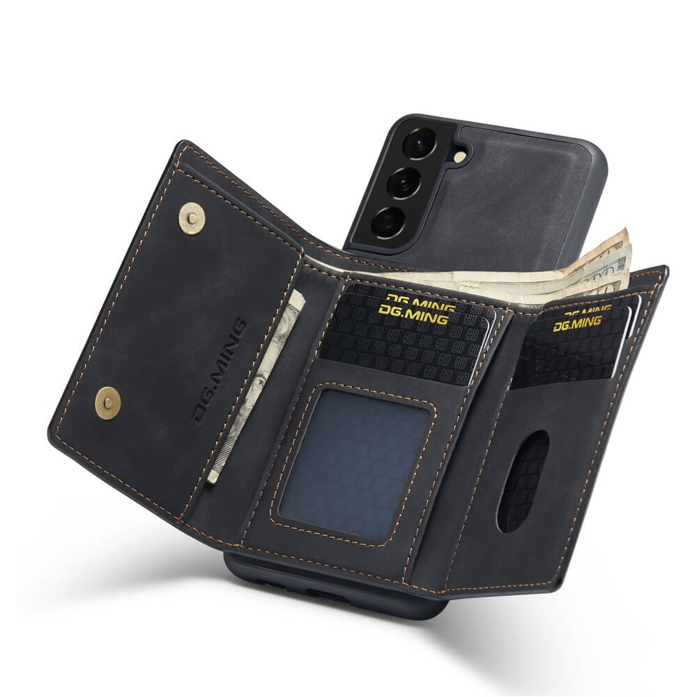 DG.MING - Samsung Galaxy S21 Skal DG.MING M1 Magnetic Tri-fold Wallet Med Kickstand