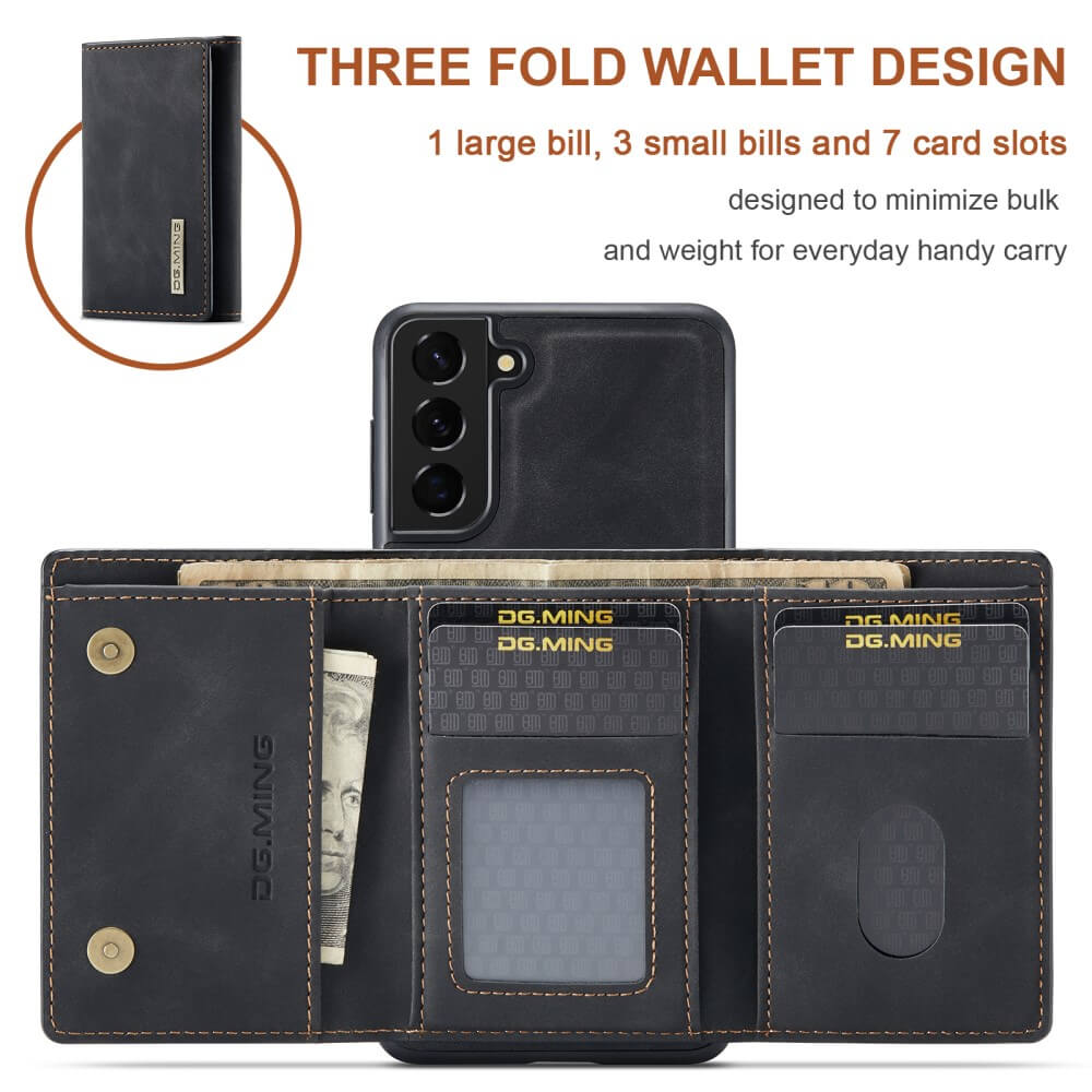DG.MING - Samsung Galaxy S21 Skal DG.MING M1 Magnetic Tri-fold Wallet Med Kickstand