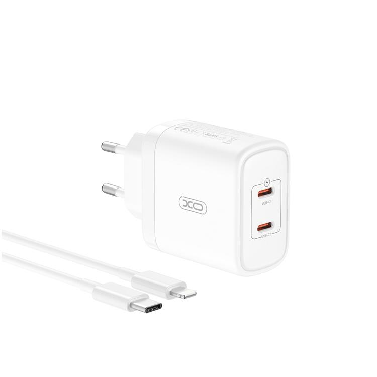 XO Snabbladdare 2x USB-C 50W med USB-C/Lightning Kabel PD Vit