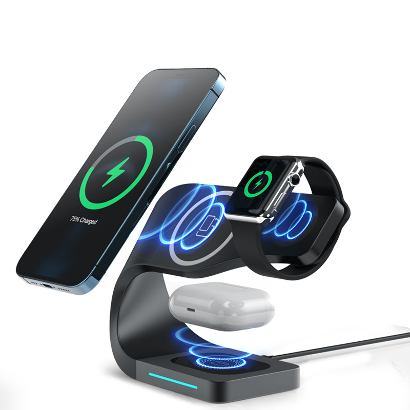 A-One Brand - [3in1] Magsafe Trdls laddare iPhone - Apple Watch - AirPods - Metal Svart