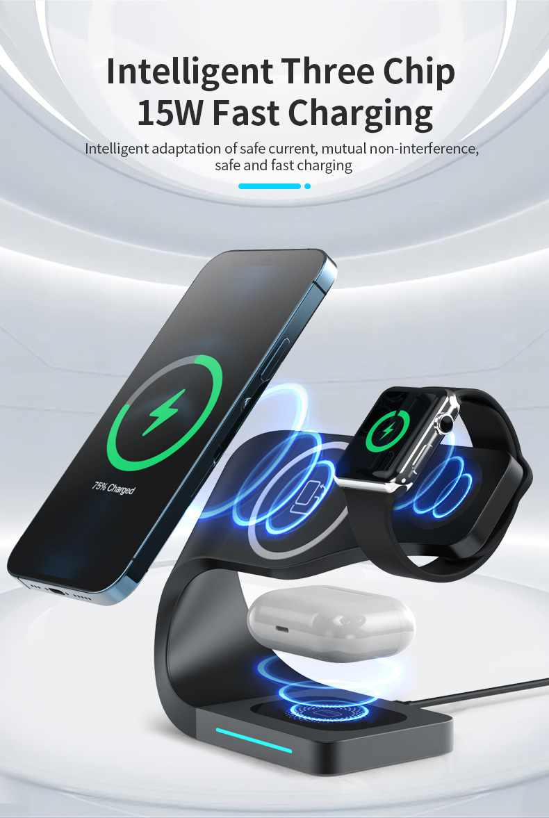 A-One Brand - [3in1] Magsafe Trdls laddare iPhone - Apple Watch - AirPods - Metal Svart
