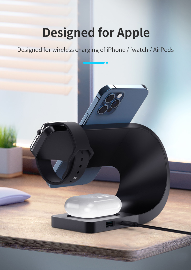 A-One Brand - [3in1] Magsafe Trdls laddare iPhone - Apple Watch - AirPods - Metal Svart