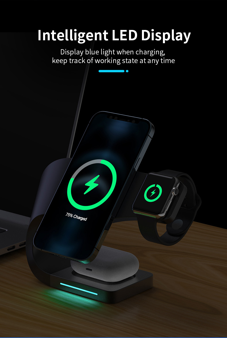 A-One Brand - [3in1] Magsafe Trdls laddare iPhone - Apple Watch - AirPods - Metal Svart