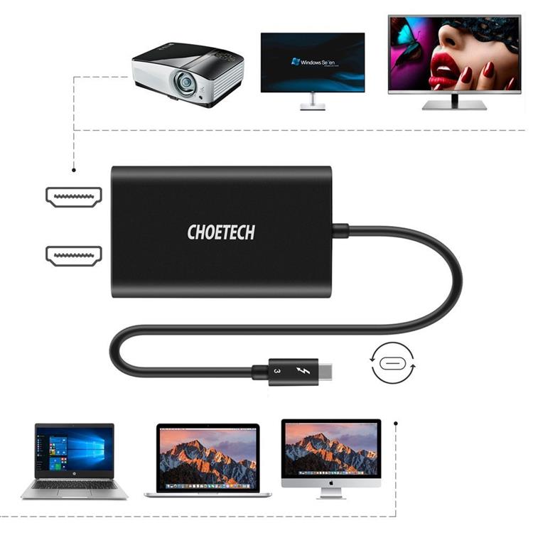 Choetech - Choetech Kontaktadapter USB-C 2x HDMI 2.0 4K 60Hz - Svart